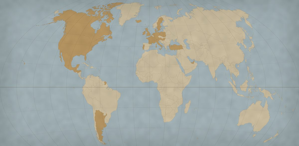 An antique world map with a push pin in each of the 25 countries Alfano Ministries has carried the Gospel to